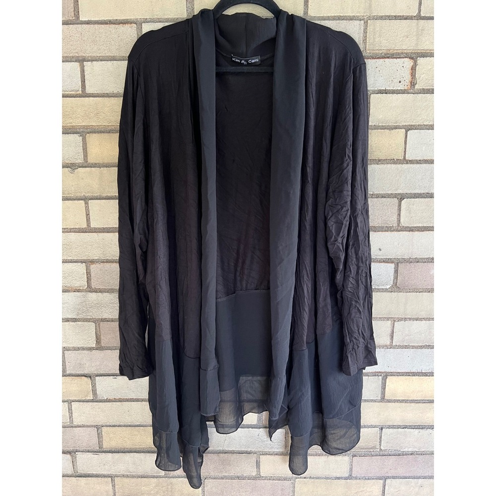 Kim & Cami Black Open Front Chiffon Trim Draped Cardigan Sweater Size 3X